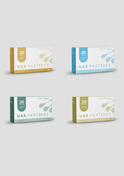 Front image of four boxes of Dnhealth peptide supplements are displayed against a light grey background. The top right box is white and gold and is labelled as a Adrenal Bioregulator. The top left box is white and blue and is labelled as an Central Nervous System Bioregulator.The bottom right box is white and green and is labelled as an Pineal Bioregulator. The bottom left box is white and olive and is labelled as an Thymus Bioregulator.