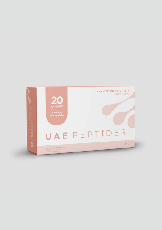 Front image of one box of Dnhealth peptide supplements displayed against a light grey background. The color of the box is white and pink and is labelled as a Cartilage Bioregulator. 