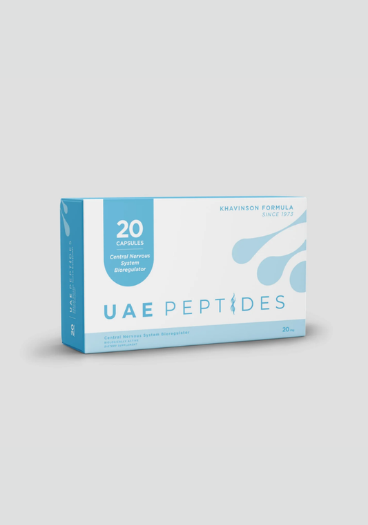 Front image of one box of Dnhealth peptide supplements displayed against a light grey background. The color of the box is white and blue and is labelled as a Central Nervous System Bioregulator.