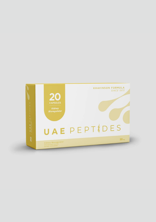 Front image of one box of Dnhealth peptide supplements displayed against a light grey background. The color of the box is white and yellow and is labelled as a Kidney Bioregulator. 