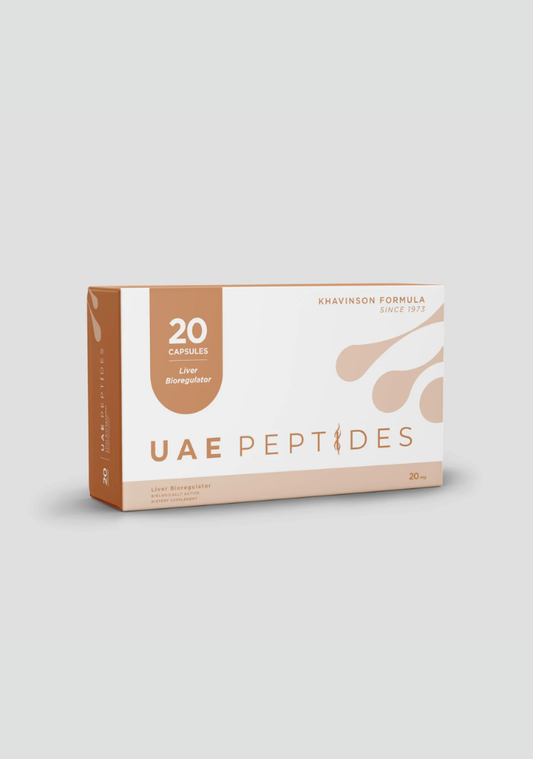 Front image of one box of Dnhealth peptide supplements displayed against a light grey background. The color of the box is white and coral and is labelled as a Liver Bioregulator. 