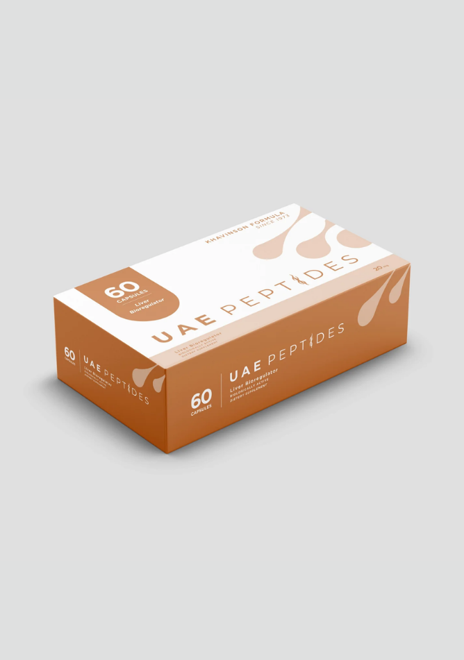 Side image of one box of Dnhealth peptide supplements displayed against a light grey background. The color of the box is white and coral and is labelled as a Liver Bioregulator. 