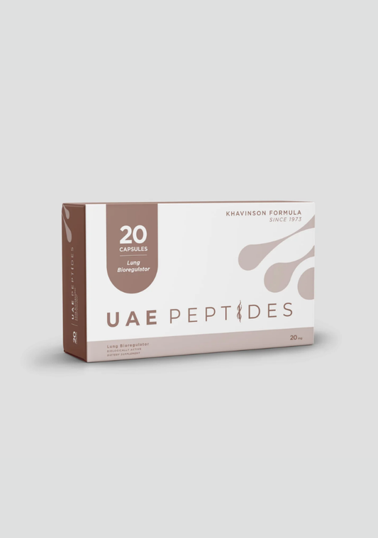 Front image of one box of Dnhealth peptide supplements displayed against a light grey background. The color of the box is white and brown and is labelled as a Lungs Bioregulator. 
