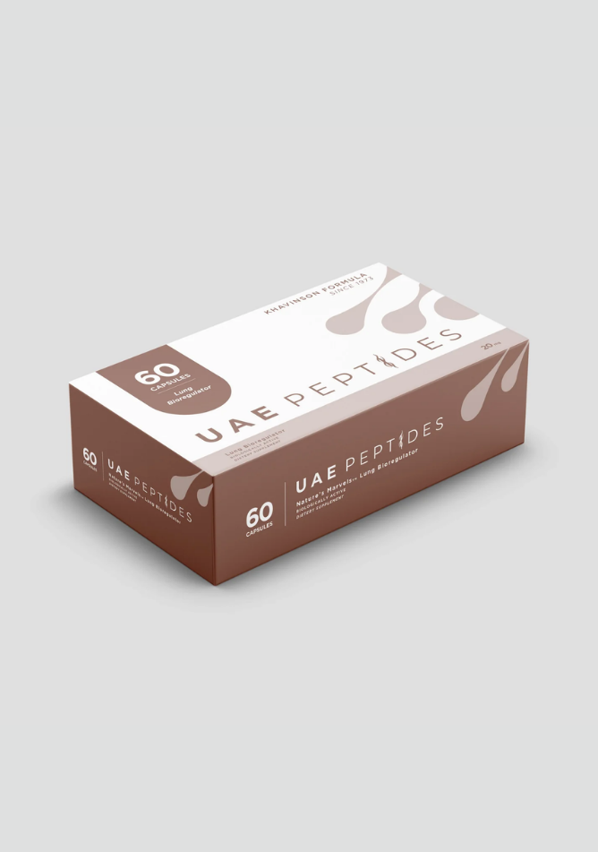 Side image of one box of Dnhealth peptide supplements displayed against a light grey background. The color of the box is white and brown and is labelled as a Lungs Bioregulator. 