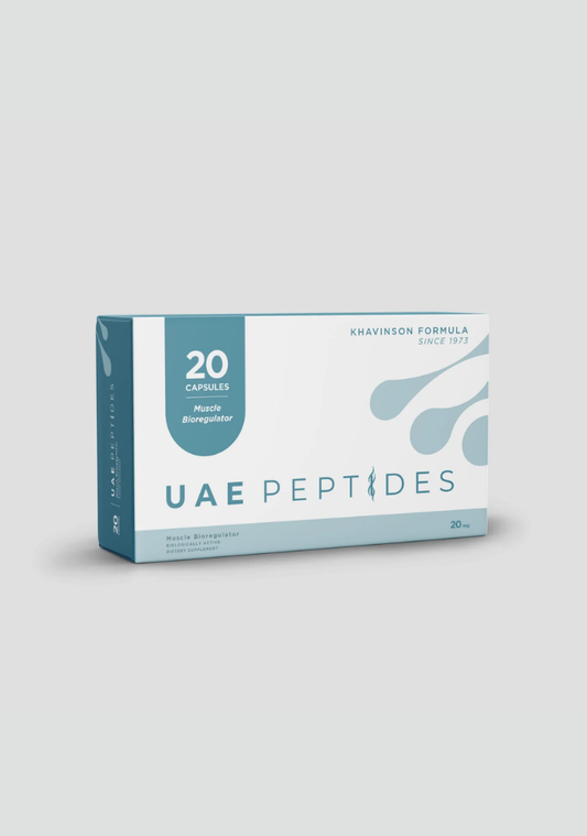 Front image of one box of Dnhealth peptide supplements displayed against a light grey background. The color of the box is white and blue and is labelled as a Muscle Bioregulator. 