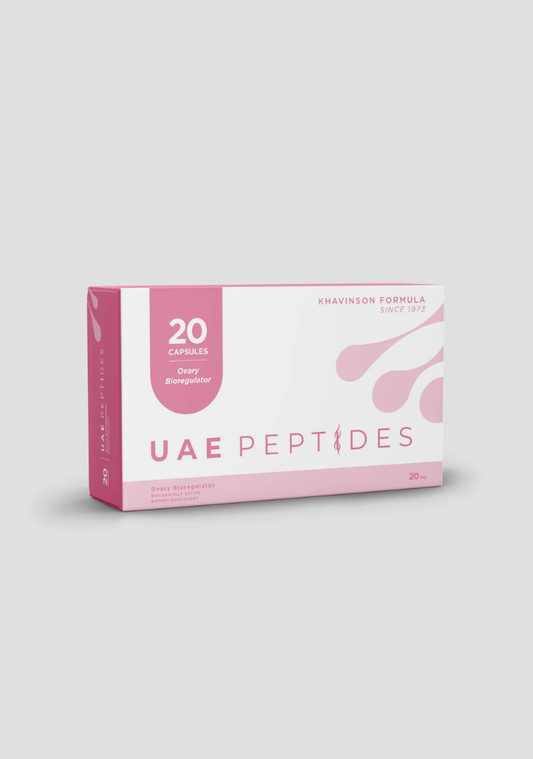 Front image of one box of Dnhealth peptide supplements displayed against a light grey background. The color of the box is white and pink and is labelled as a Ovary Bioregulator. 