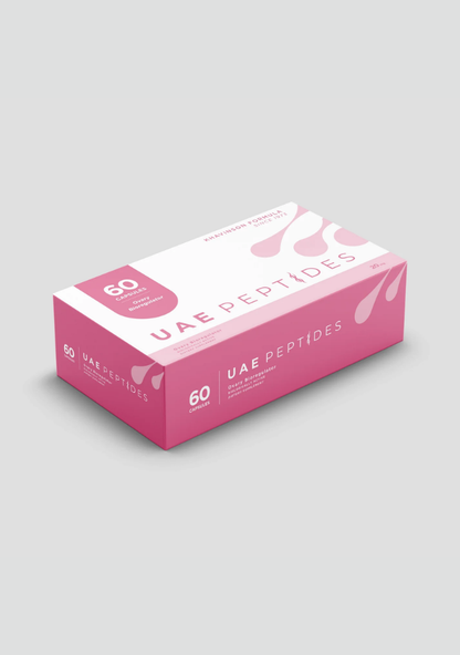 Side image of one box of Dnhealth peptide supplements displayed against a light grey background. The color of the box is white and pink and is labelled as a Ovary Bioregulator. 