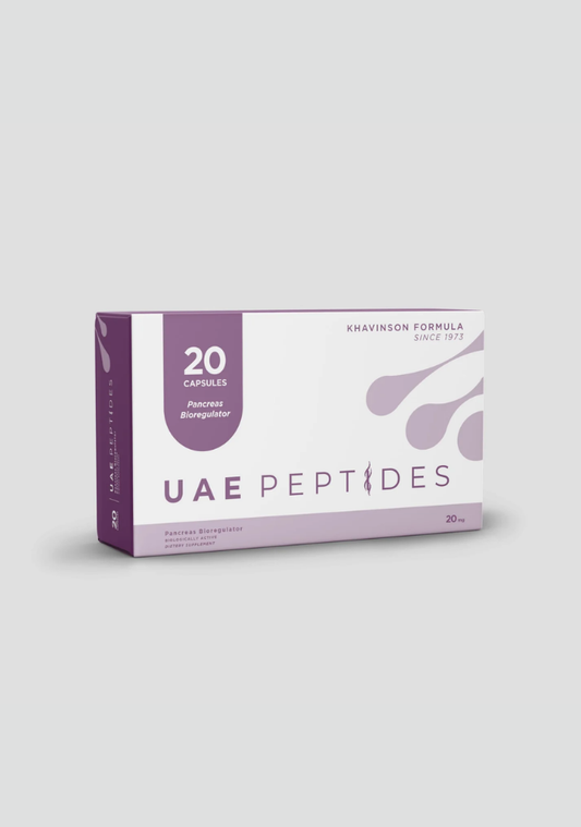Front image of one box of Dnhealth peptide supplements displayed against a light grey background. The color of the box is white and violet and is labelled as a Pancreas Bioregulator. 