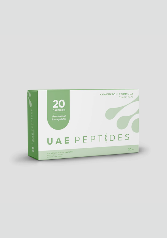 Front image of one box of Dnhealth peptide supplements displayed against a light grey background. The color of the box is white and green and is labelled as a Parathyroid Bioregulator. 