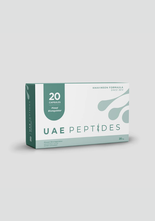 Front image of one box of Dnhealth peptide supplements displayed against a light grey background. The color of the box is white and green and is labelled as a Pineal Bioregulator. 