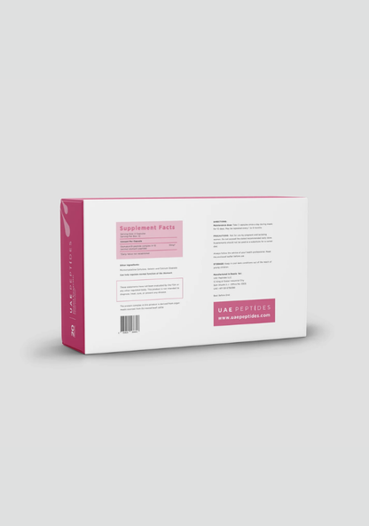Back image of one box of Dnhealth peptide supplements displayed against a light grey background. The color of the box is white and pink and is labelled as a Stomack Bioregulator. 