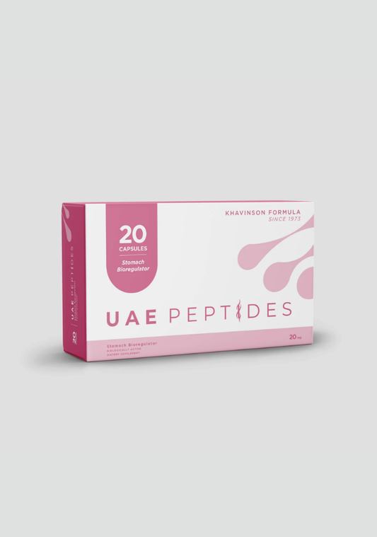 Front image of one box of Dnhealth peptide supplements displayed against a light grey background. The color of the box is white and pink and is labelled as a Stomack Bioregulator. 