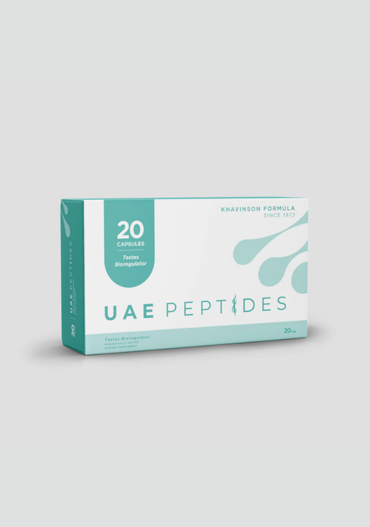 Front image of one box of Dnhealth peptide supplements displayed against a light grey background. The color of the box is white and blue and is labelled as a Testes Bioregulator. 