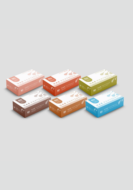Front image of 6 boxes of Dnhealth peptide supplements displayed against a light grey background. Each is labeled as Central Nervous System, Lung, Liver, Thymus, Blood Vessel, Cartilage (6 boxes in total)