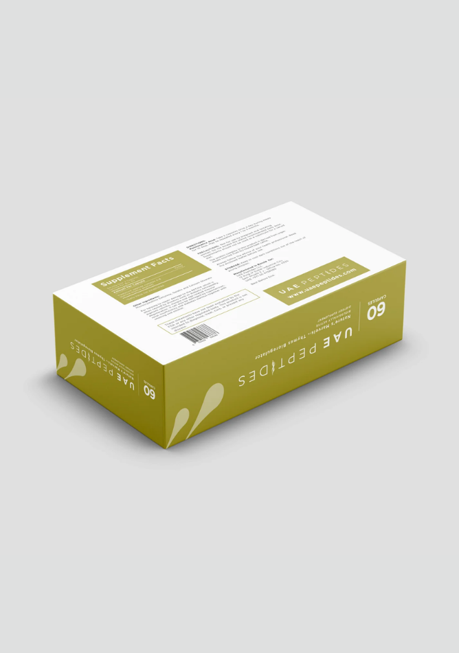Back side image of one box of Dnhealth peptide supplements displayed against a light grey background. The color of the box is white and olive and is labelled as a Thymus Bioregulator. 