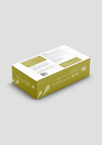 Back side image of one box of Dnhealth peptide supplements displayed against a light grey background. The color of the box is white and olive and is labelled as a Thymus Bioregulator. 