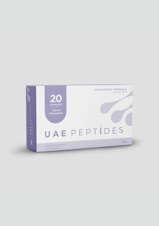 Front image of one box of Dnhealth peptide supplements displayed against a light grey background. The color of the box is white and purple and is labelled as a Thyroid Bioregulator. 