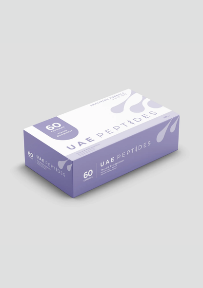 Side image of one box of Dnhealth peptide supplements displayed against a light grey background. The color of the box is white and purple and is labelled as a Thyroid Bioregulator. 