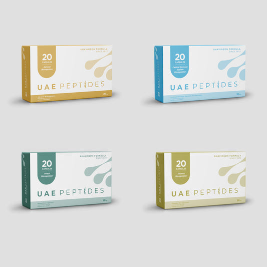 Front  image of four boxes of Dnhealth peptide supplements are displayed against a light grey background. The top right box is white and gold and is labelled as a Adrenal Bioregulator. The top left box is white and blue and is labelled as an Central Nervous System Bioregulator.The bottom right box is white and green and is labelled as an Pineal Bioregulator. The bottom left box is white and olive and is labelled as an Thymus Bioregulator.